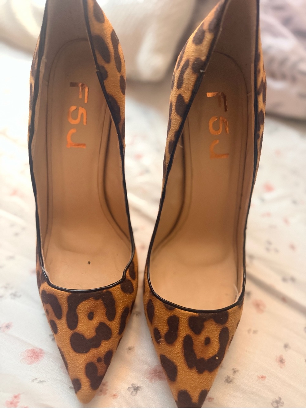 FSJ Leopard-Print Pointed Toe Stilettos in Brown and Tan
